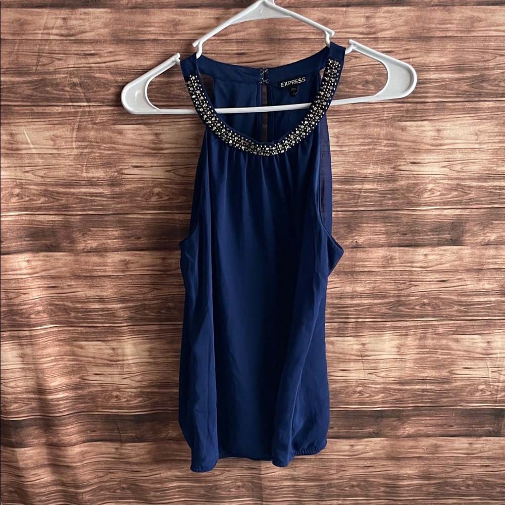 Express Deep Blue Sleeveless Top with Embellished Neckline